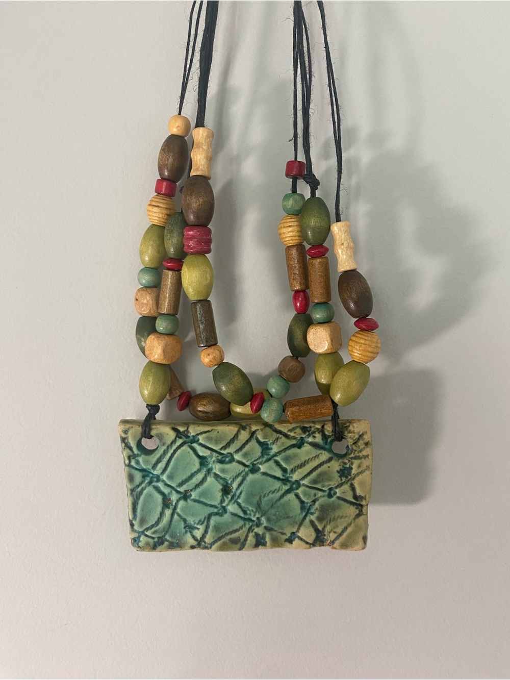 Ceramic Pendant Necklace with Multicolor Wooden Beads